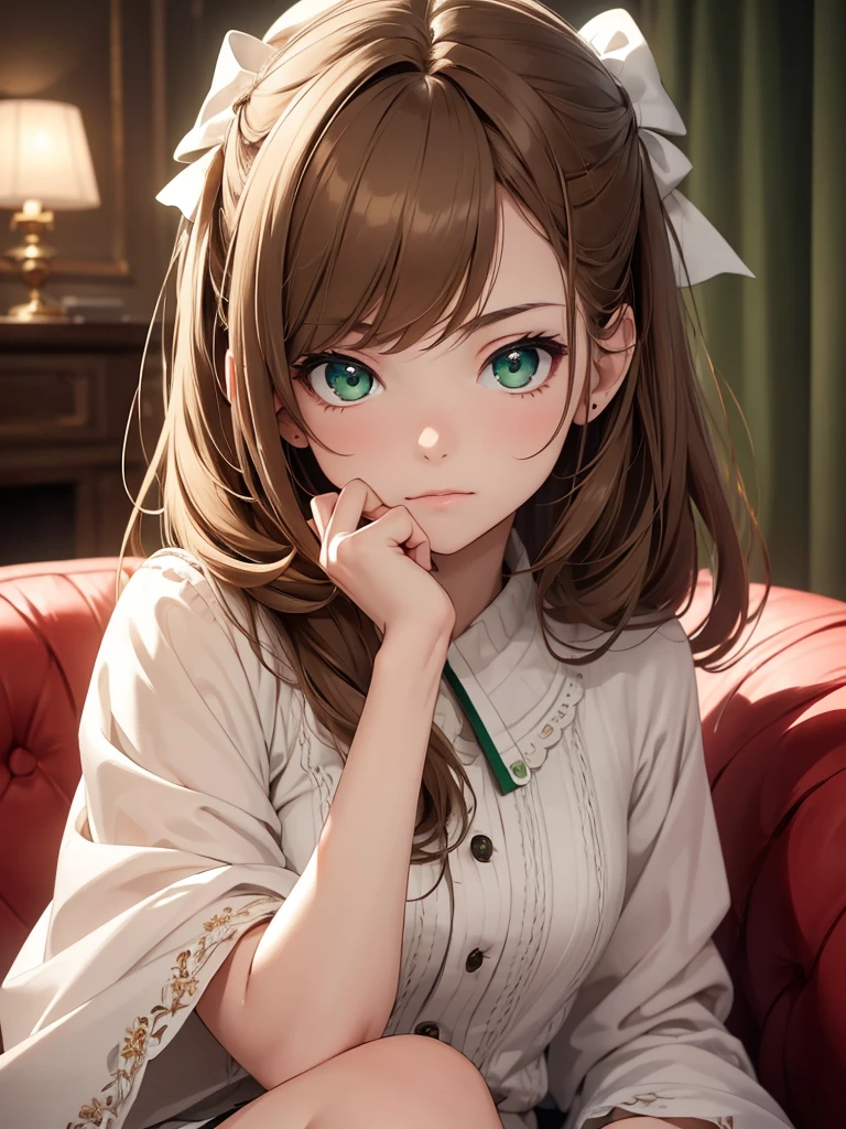 (8K, Best Quality, Masterpiece, Ultra High Resolution) 1 Girl, Short, Teen, Beautiful Eyes, Face Details, Light Brown Hair, Hair Bow, Green Eyes, Pale Skin, , Sitting on Sofa Masterpiece, Best Quality, Upper Body, Looking at the Viewer, Facing Viewer, Close Up