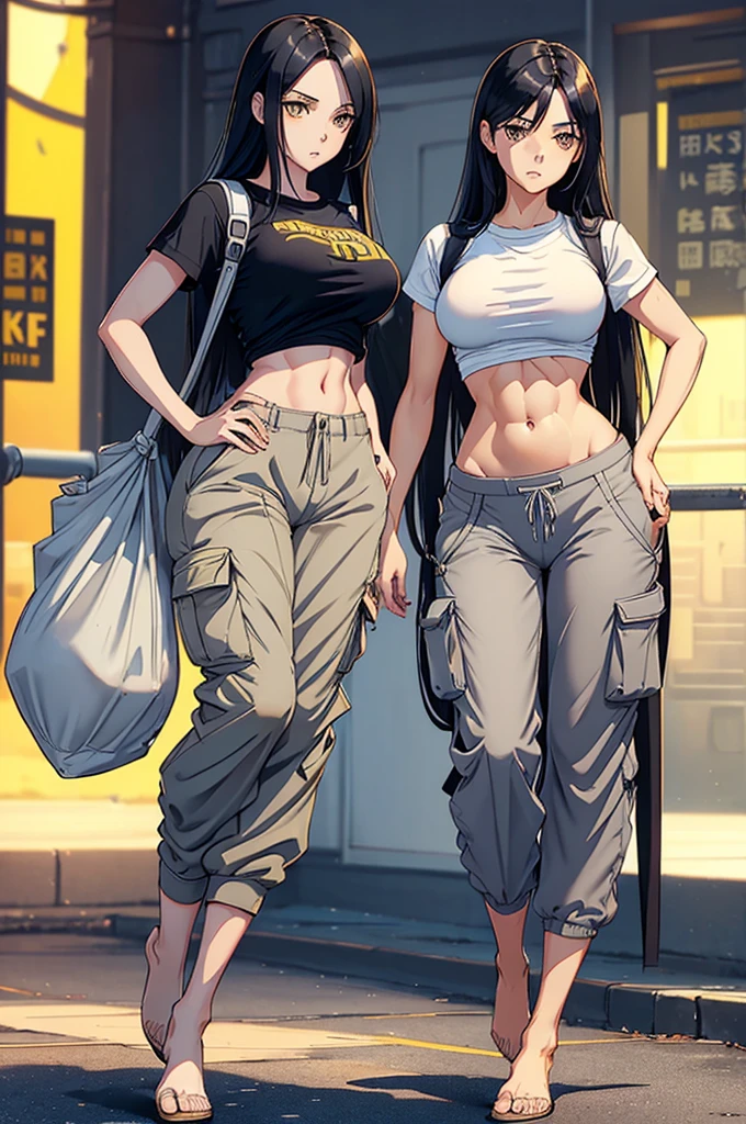 Create a hyperrealistic, photorealistic, 4K, anime girl, cute, beautiful, hot with (long straight black hair), (light yellow eyes, glistening), (mature), ((smooth stomach)) ((chiseled abs)) ((very tight light gray cropped shirt)) ((with long baggy cargo pants)), completing her sleek and formidable appearance. ((medium breasts, medium butt, medium thighs, curvy)) (long and thin waist) ((full body)) ((front-facing)) (slim body) (smooth sexy stomach) ((hourglass figure)) (full body in camera) ((thin face)) (toes)