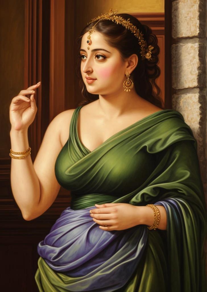 Looks like Anushka Shetty, thick figure, heavy physique, Masterpiece, thick figure heavy figure, curvy, voluptuous, sexy navel folds, Best quality, high clarity eyes, critically flawless,sharp picture, Full portrait, High pixels, perfect face, perfect eyes, beautiful face, perfect hands,perfect fingers, in Peter Paul Rubens style, by Peter Paul Rubens, baroque style, acrylic on canvas, highly detailed, description: "Create a nymph inspired by the tales of Greek or Roman mythology, embodying the essence of a natural element or location, and possessing a unique ability or trait that sets her apart.", strapless Bra of ancient times, strapless bralette, armpits showing,