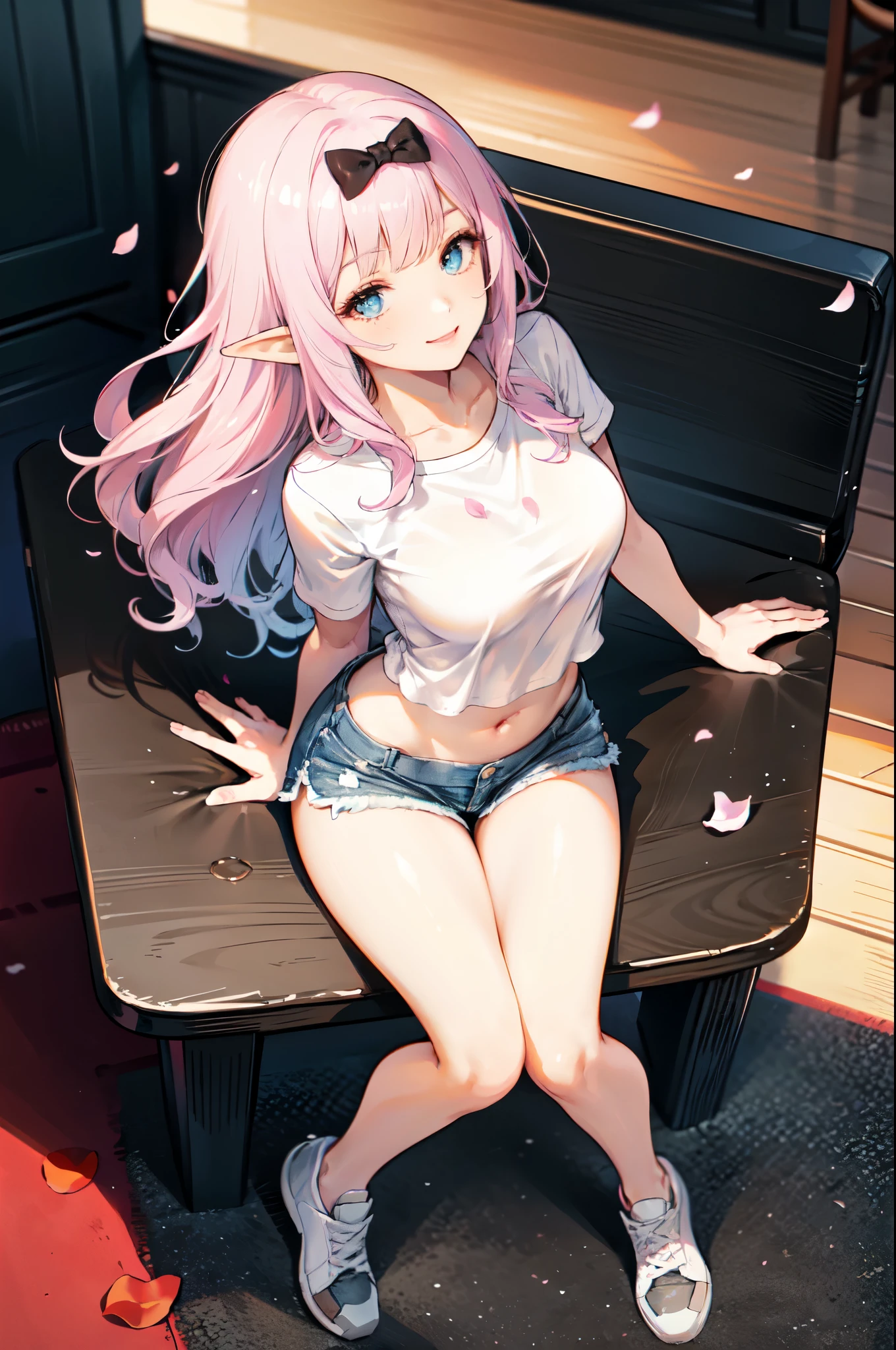 realistic image, detailed image, coherent image, 1 beautiful elf, she has very long hair, she has a black bow in her square bangs, pink hair, light blue eyes, smiling, winking, she is wearing a loose blouse, showing navel, mini jean shorts, sneakers, She has a curvy body, big breasts and thick thighs, She is sitting, sitting sensually, showing her legs, arching her back, surrounded by falling flower petals around, inside a restaurant, full body view, view from above, sunset, twilight, Soft focus, Dramatic shadows, Volumetric lighting, natural lighting,chika fujiwara