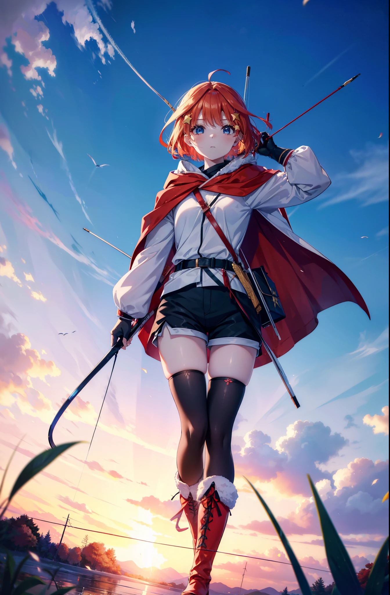 itsukinakano, itsuki nakano, bangs, blue eyes, Hair between the eyes, Redhead, star \(symbol\), hair ornaments, star hair ornaments,Wearing a hood,short hair,Carrying an archery bag,He has a quiver on one side, boots, Cape,gloves, red Knee socks, High heels, Shorts, Knee socks,whole bodyがイラストの中に入っていくように,歩いている
break outdoors, forest,forest林, break looking at viewer,whole body, 
break (masterpiece:1.2), Highest quality, High resolution, unity 8k wallpaper, (shape:0.8), (Fine and beautiful eyes:1.6), Highly detailed face, Perfect lighting, Highly detailed CG, (Perfect hands, Perfect Anatomy),