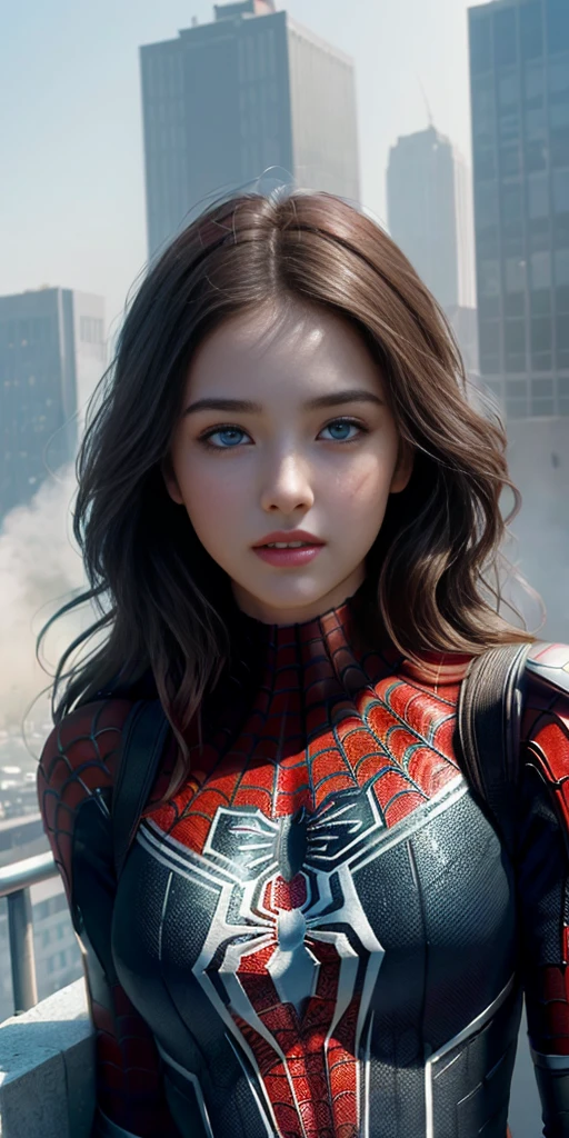 (1girl:1.3), Solo, (((Very detailed face)))), ((Very detailed eyes and face)))), Beautiful detail eyes, Body parts__, Official art, Unified 8k wallpaper, Super detailed, beautiful and beautiful, beautiful, masterpiece, best quality, original, masterpiece, super fine photo, best quality, super high resolution, realistic realism, sunlight, full body portrait, amazing beauty, dynamic pose, delicate face, vibrant eyes, (from the front), She wears Spider-Man suit, red and black color scheme, spider, very detailed city roof background, rooftop, overlooking the city, detailed face, detailed complex busy background, messy, gorgeous, milky white, highly detailed skin, realistic skin details, visible pores, clear focus, volumetric fog, 8k uhd, DSLR, high quality, film grain, fair skin, photo realism, lomography, futuristic dystopian megalopolis, translucent