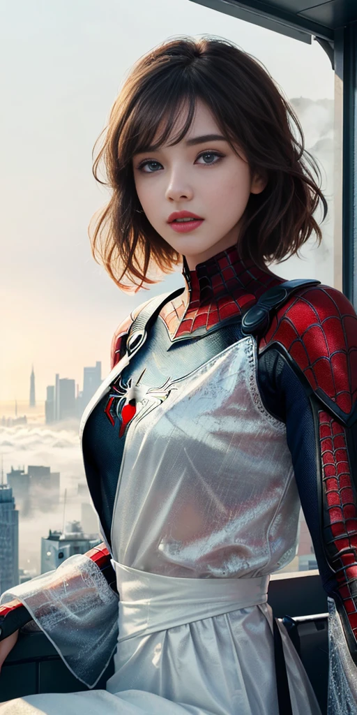 (1girl:1.3), Solo, (((Very detailed face)))), ((Very detailed eyes and face)))), Beautiful detail eyes, Body parts__, Official art, Unified 8k wallpaper, Super detailed, beautiful and beautiful, beautiful, masterpiece, best quality, original, masterpiece, super fine photo, best quality, super high resolution, realistic realism, sunlight, full body portrait, amazing beauty, dynamic pose, delicate face, vibrant eyes, (from the front), She wears Spider-Man suit, red and black color scheme, spider, very detailed city roof background, rooftop, overlooking the city, detailed face, detailed complex busy background, messy, gorgeous, milky white, highly detailed skin, realistic skin details, visible pores, clear focus, volumetric fog, 8k uhd, DSLR, high quality, film grain, fair skin, photo realism, lomography, futuristic dystopian megalopolis, translucent