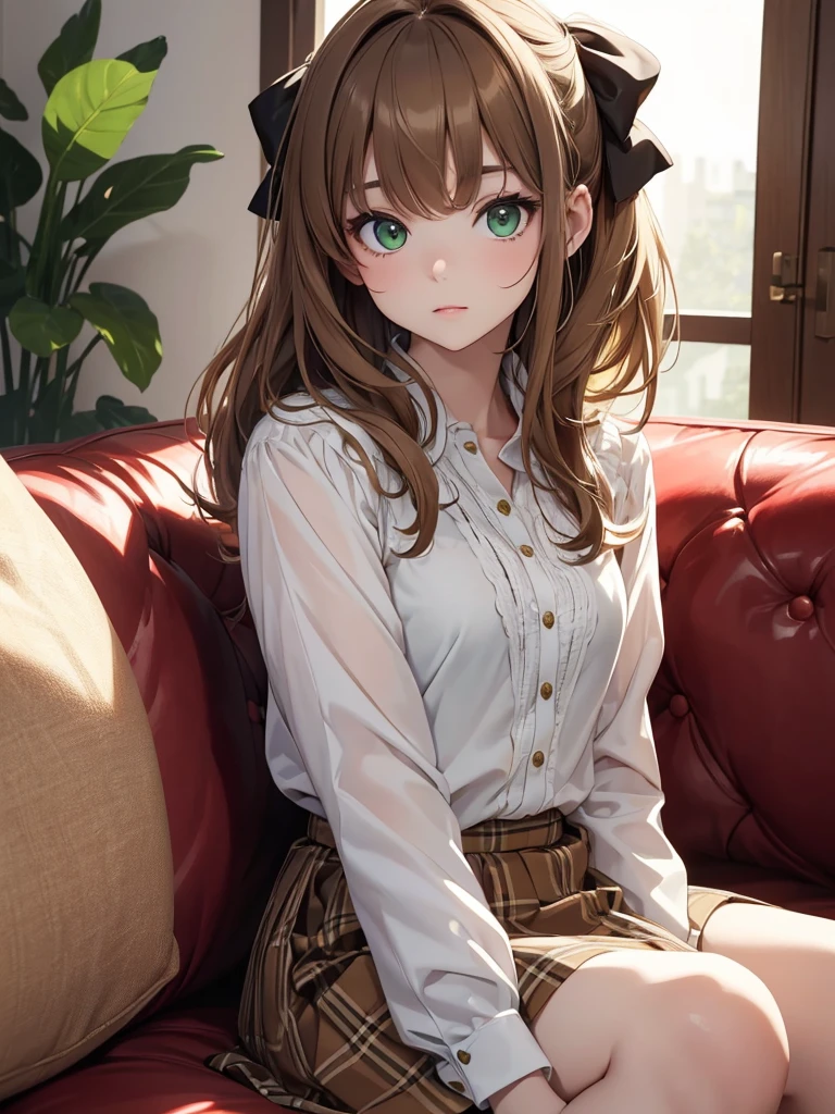 (8K, Best Quality, Masterpiece, Ultra High Resolution) 1 Girl, Short, , Beautiful Eyes, Face Details, Light Brown Hair, Hair Bow, Green Eyes, Pale Skin, White Blouse, Plaid Skirt, Sitting on Sofa Masterpiece, Best Quality, Upper Body, Looking at the Viewer, Facing Viewer, Close Up