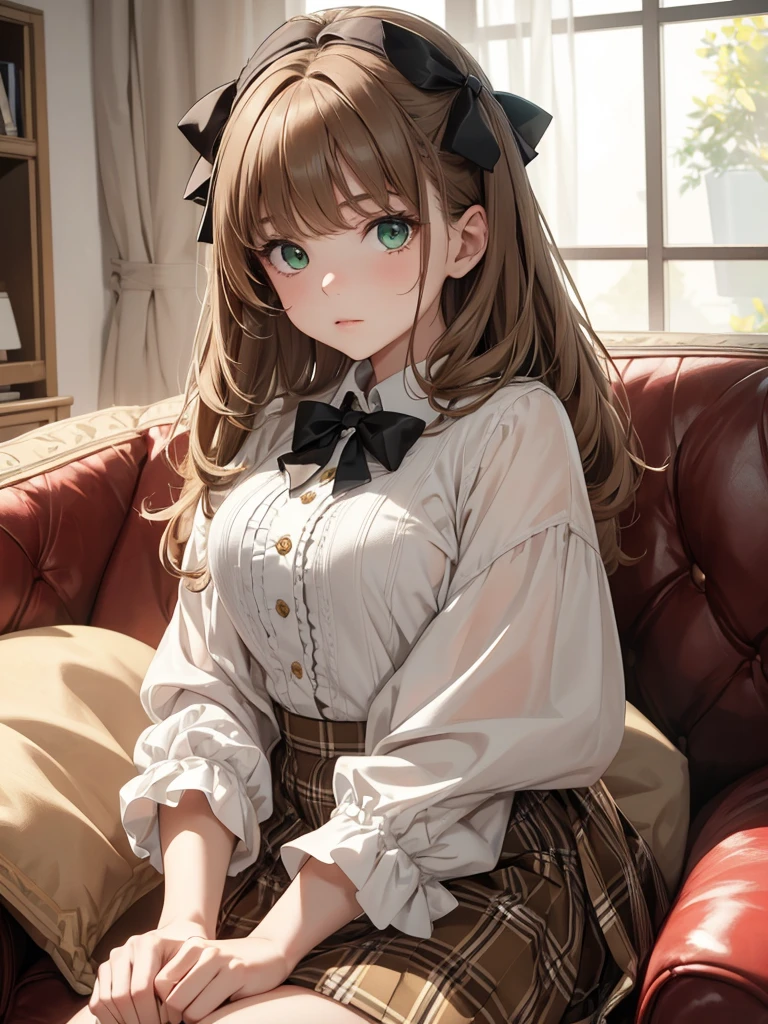 (8K, Best Quality, Masterpiece, Ultra High Resolution) 1 Girl, Short, Teen, Beautiful Eyes, Face Details, Light Brown Hair, Hair Bow, Green Eyes, Pale Skin, White Blouse, Plaid Skirt, Sitting on Sofa Masterpiece, Best Quality, Upper Body, Looking at the Viewer, Facing Viewer, Close Up