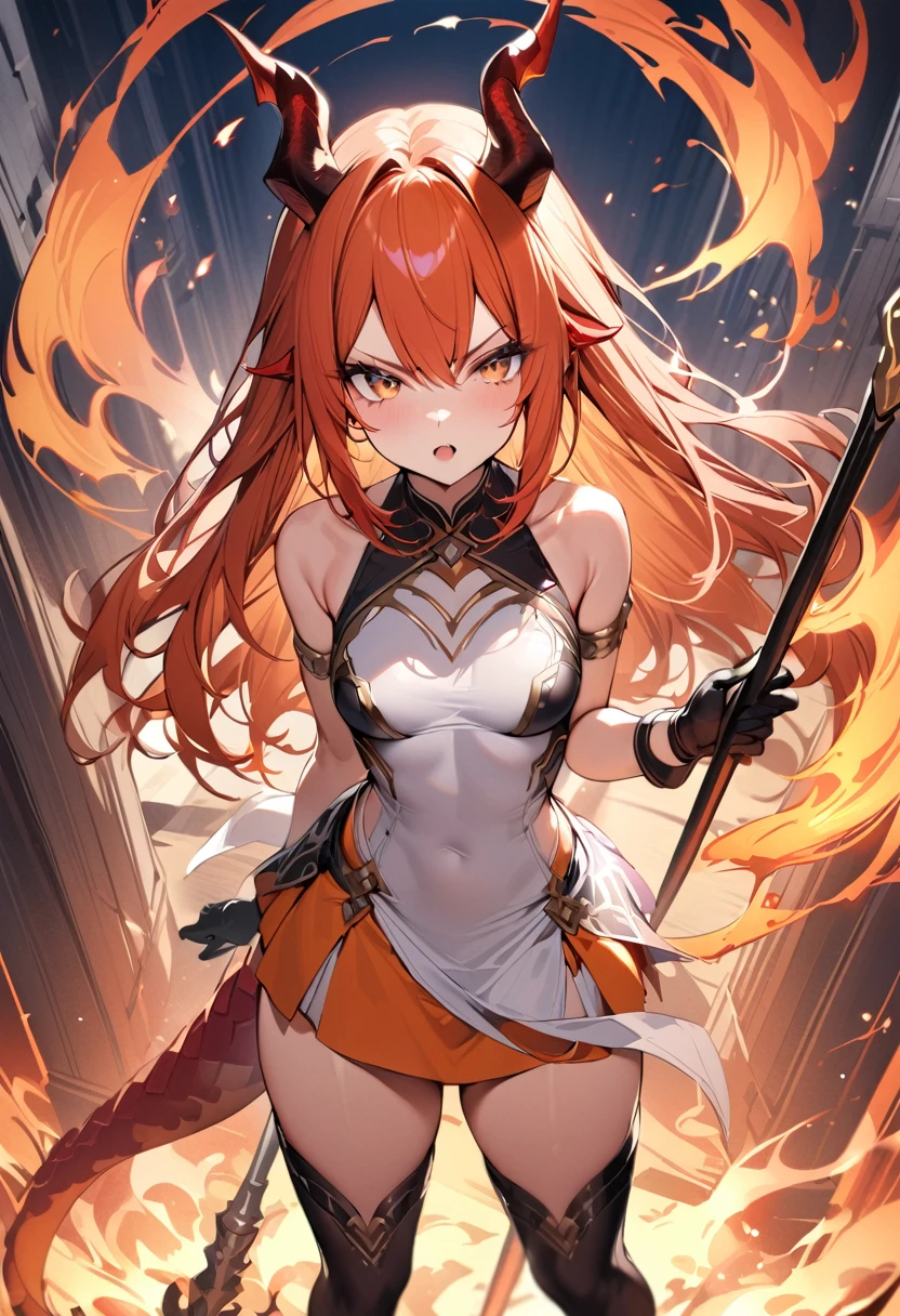 (masterpiece:1.2), (highest quality:1.2), 1girl, fire, solo, tail, horns, dragon-tail, dragon-girl, orange-hair, gloves, dress, holding-polearm, dragon-horns, white-dress, looking-at-viewer, black-gloves, standing, bare-shoulders, full-body, red-hair, bangs, open-mouth, armlet, breasts, brown-eyes, scales, small-breasts, black-footwear, fiery-hair, hair-between-eyes, sleeveless, skirt, sleeveless-dress, jewelry, v-shaped-eyebrows, boots, orange-skirt