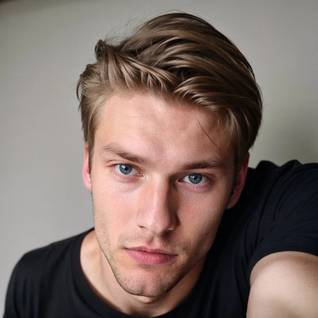 young guy 18 years old Portrait of Mathias Lauridsen, Oliver Cheshire, Adam Senn blonde hair, Blue eyes, in a black T-shirt without inscriptions or drawings, take a selfie. He looks very tired, (medium hairstyle with middle parting), night, very dark, skin imperfections, skin imperfections 1.33, sleepy, frank vibes, ((low quality selfie photo))