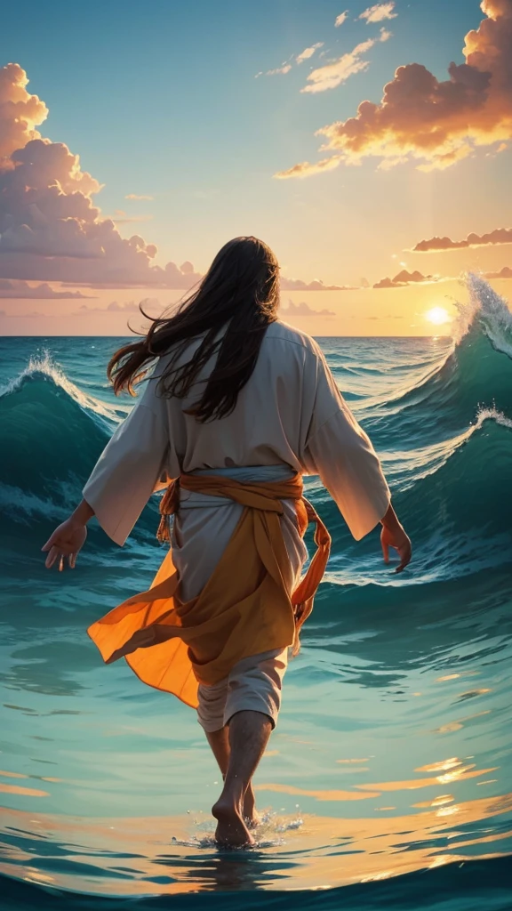 This image depicts a painting of a boat with a person standing in the water in Panoramic shot Take from behind With aerial socket . It is Jesus Christ walking on water with his arms outstretched upwards worshiping heaven. The scene is peaceful, with clouds in the sky combining the colors sky blue and sunset orange and a sense of tranquility. The colors of the painting are mainly earth tones, with warm orange accents.