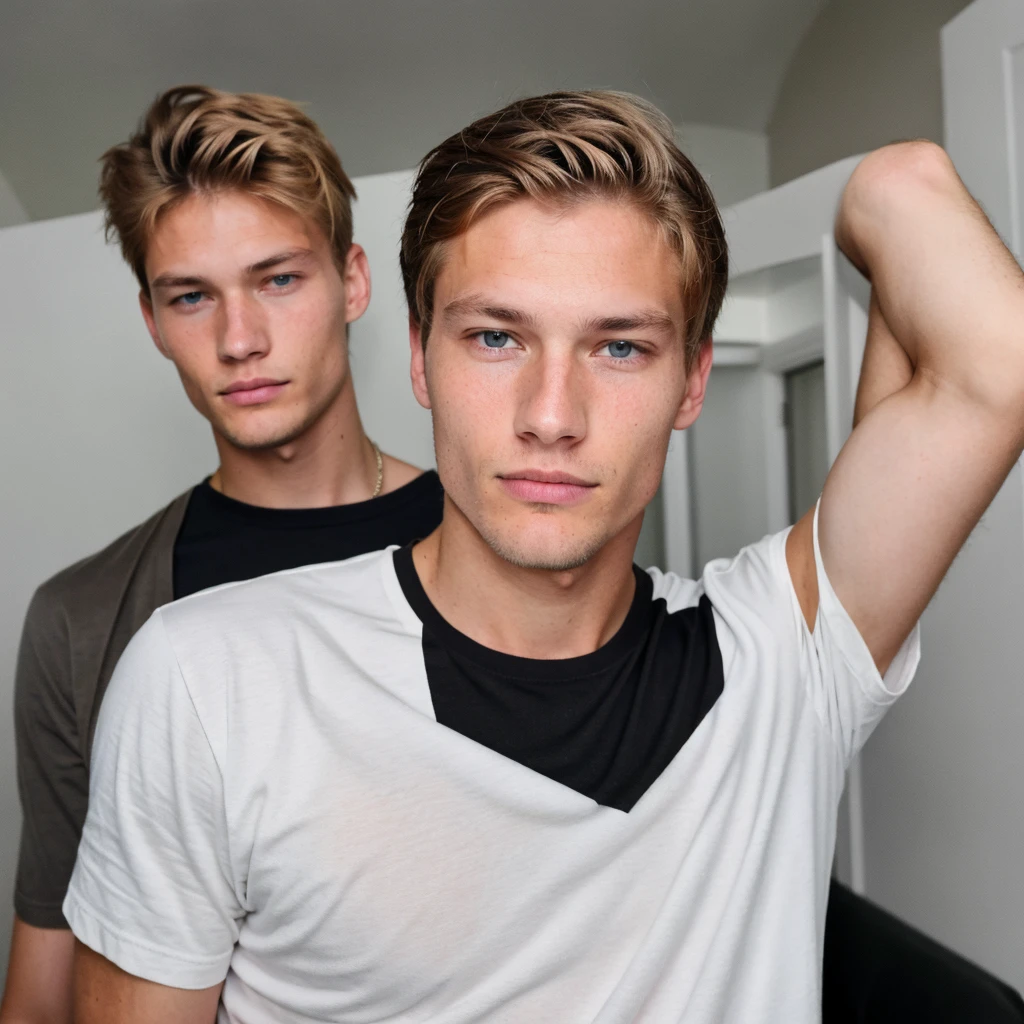 young guy 18 years old Portrait of Mathias Lauridsen, Oliver Cheshire, Adam Senn blonde hair, Blue eyes, in a black T-shirt without inscriptions or drawings, take a selfie. He looks very tired, (medium hairstyle with middle parting), night, very dark, skin imperfections, skin imperfections 1.33, sleepy, frank vibes, ((low quality selfie photo))