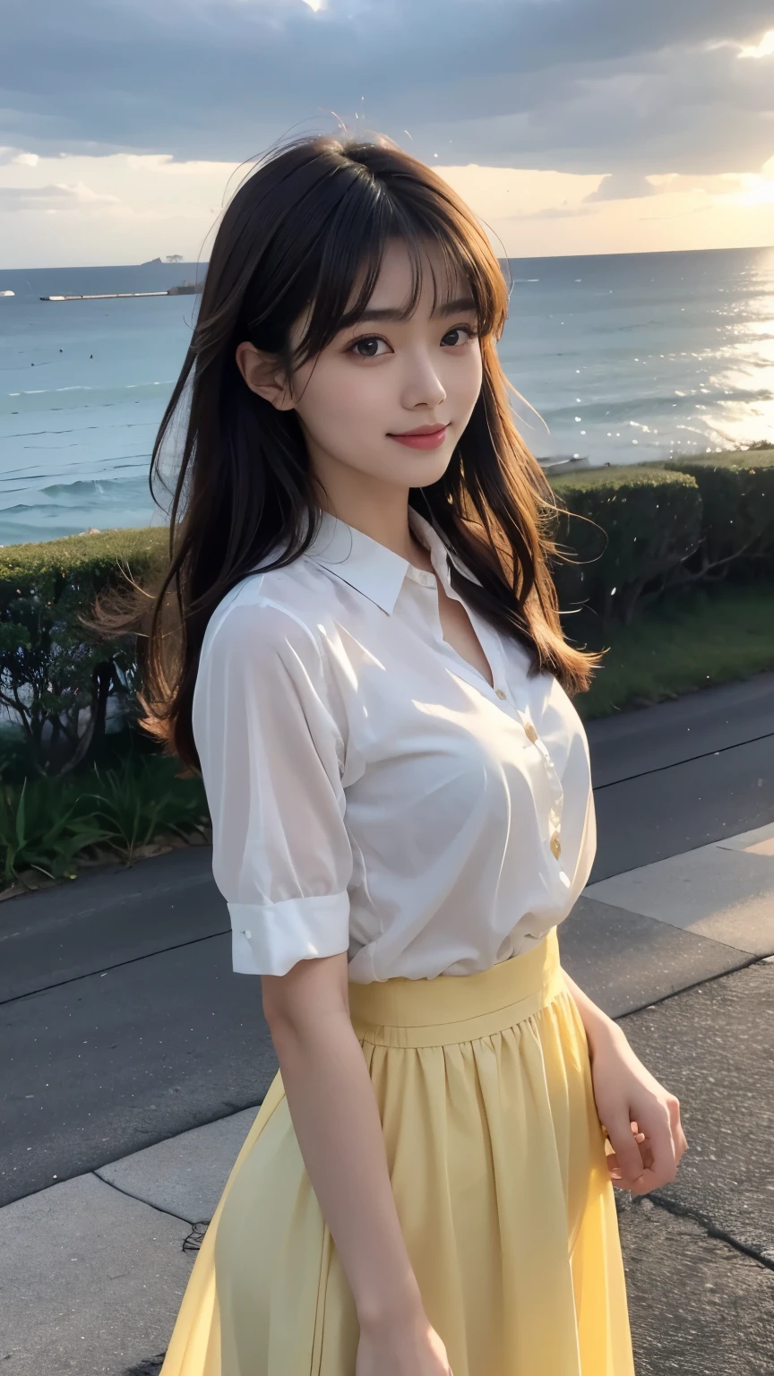 [super high quality,Masterpiece,high resolution],((日本people,woman,１people,超美people,Smile slightly)),(Medium Hair,Dark brown hair color,Hair disheveled by strong winds,Hide your forehead with bangs),(seven-headed body,Model Body Type,Small Butt,Beautiful Eyes,Beautiful Skin,Dark brown eyes),White see-through short-sleeved chiffon shirt,A long circular skirt in golden yellow,On the seawall with a view of the ocean,evening