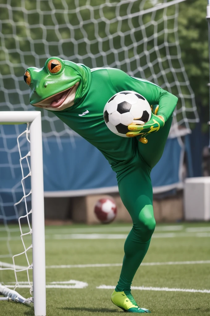 A humanoid frog playing football kicking a ball into the goal