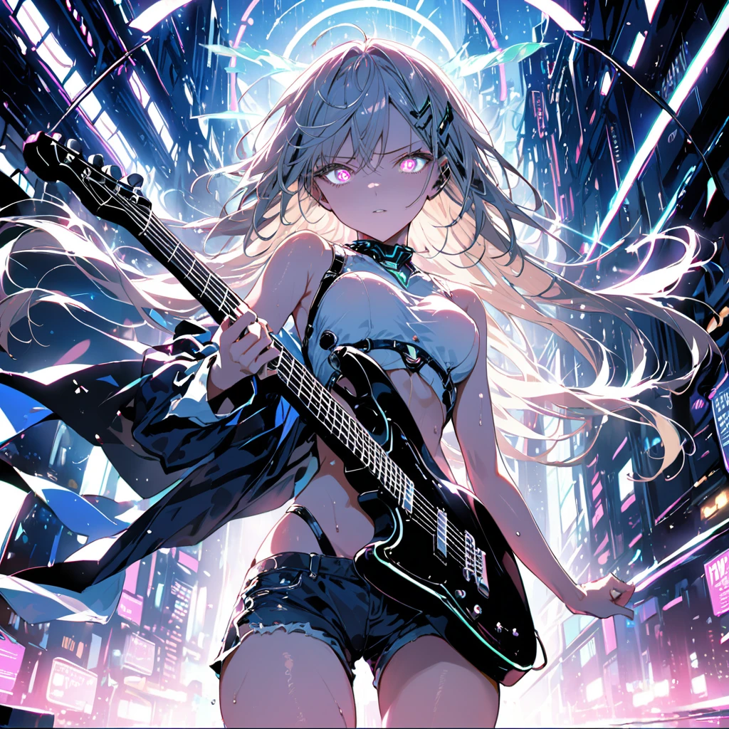 16K, High resolution, RTTX10.0, Ray Tracing, Natural light, Absurd, Top quality masterpiece, Perfect anatomy and highly detailed face, fine grain, Beautiful Hair, so beautiful, Edgy, Nice, Evil Aura, the wind is strong, Glowing Eyes, dystopian city, Futuristic, Detailed Background, Awards, Neon Light, It was a hot topic on Art Station., Climax, Four girl band members in the background, Sweat is splashing, White tank top, (((Torn blue shorts))), 自然A pose, Intense movement, color々A pose, (((Singing while playing electric guitar))), Concentrated on the music