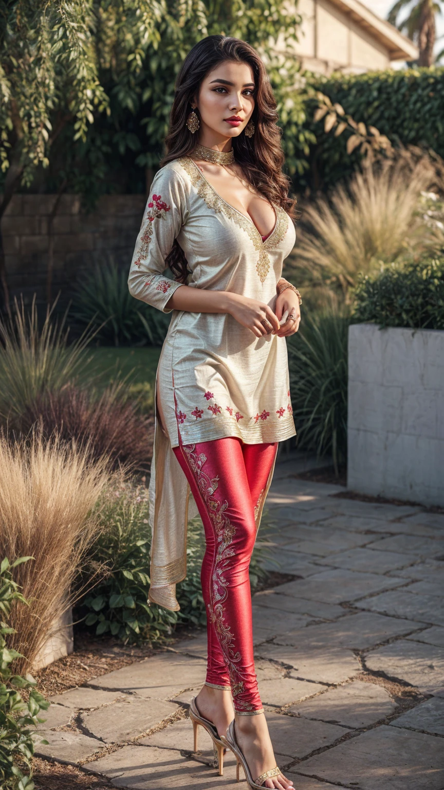 (full body shot:1.5), (Masterpiece:1.1), (stylish modern girl), (stylish girl in Indian outfits), (walking in a garden, beautiful garden), 1girl, solo girl, 20 year old girl, ultra realistic face, hyperrealistic, hyperdetailed, (looking at viewers), sharpen, detailed face, detailed eyes, detailed lips, red lips, beautiful face, 16k, FHD, raw photo, pretty face mesh, beautiful hair style, intricate, extremely detailed, (colossal , perky breast, perky breasts, perfect rounded breasts), ultra realistic texture, smooth skin, realistic face, glow lip, glow face, very_high_resolution, natural lighting, natural brightness, perfect figure, fit body, (fancy high heel), hair ornaments, ((attractive embroidery Tight kurta, deep neck, cleavage, sexy kurta, fancy attractive kurta, fancy tight leggings)),