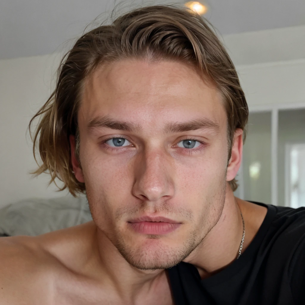 young guy 18 years old Portrait of Mathias Lauridsen, Oliver Cheshire, Adam Senn, Jordan Barrett blonde hair, Blue eyes, in a black T-shirt without inscriptions or drawings, take a selfie. He looks very tired, (medium hairstyle with middle parting), night, very dark, skin imperfections, skin imperfections 1.33, sleepy, frank vibes, ((low quality selfie photo))