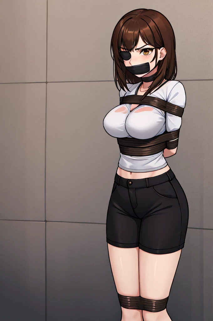 (absurdres, 8k, 4k, masterpiece, hyper extreme detailed:1.2), solo, 1girl, front view, perfect anatomy, cowboy shot, perfect face, 1girl, portrait, solo, Female, Mature Female, long hair, brown hair, white skirt, eyepatch, black eyepatch, annoyed, graphic t-shirt, swept bangs, brown eyes, brown eyes, White Shorts bound, bondage, (arms behind back:1.4), bdsm, tape gag, tape, tape bondage, restrained, taped thighs, taped legs, legs together, tape wrapped, wrap gag, shorts, t-shirt, messy hair, short, large bust, angry, large breasts, big breasts, forward view, shibari, bondage, bdsm, rope, half body,