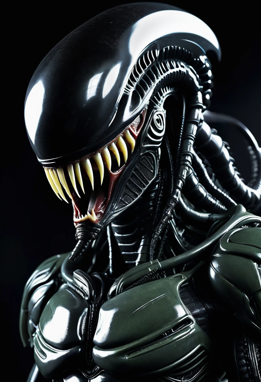 (((Very close up (((Predator fusion Xenomorph Alien the eighth passenger))),(((black color))) surreal and cinematographic images Color Splash images))),(((Front Images))),(((dreadlocks)))