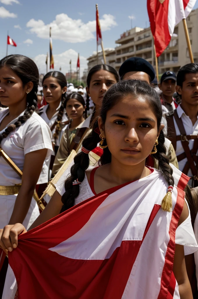 Micaela bastidas, Peruvian heroin, with two long braids, wearing decent clothes, a white blouse and a gold skirt, holding a red and white flag of Peru with an attitude of determination and bravery. Behind her are other soldiers or revolutionaries, creating an environment of struggle and resistance.