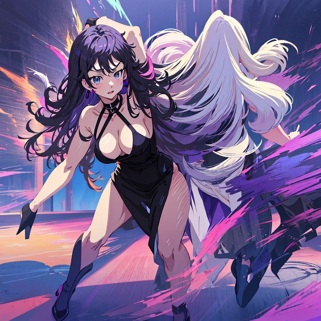  Anime two women a beautiful woman with long slightly wavy white hair bright blue eyes wearing a sexy black dress with black heels dancing with a beautiful woman with long dark purple hair with bright purple eyes wearing a sexy black dress and black heels dancing in a club night