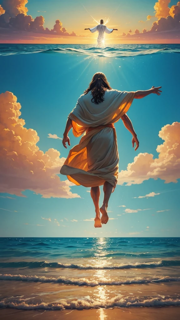 This image depicts a painting of Jesus Christ standing in the water in Panoramic shot Take from behind With aerial socket . It is Jesus Christ walking on water with his arms outstretched upwards worshiping heaven. The scene is peaceful, with clouds in the sky combining the colors sky blue and sunset orange and a sense of tranquility. The colors of the painting are mainly earth tones, with warm orange accents.