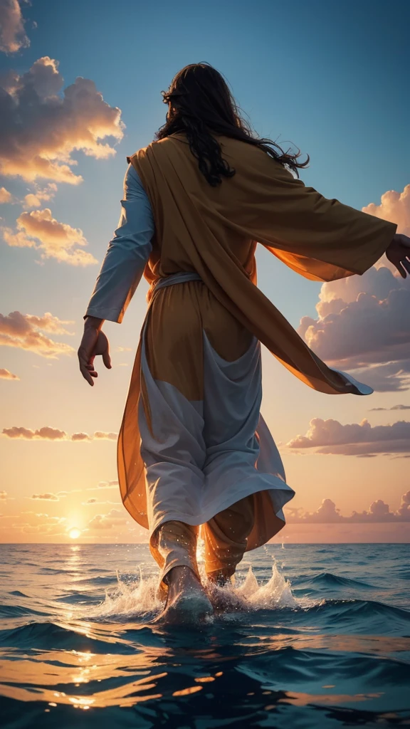 This image depicts a painting of Jesus Christ standing in the water in Panoramic shot Take from behind With aerial socket . It is Jesus Christ walking on water with his arms outstretched upwards worshiping heaven. The scene is peaceful, with clouds in the sky combining the colors sky blue and sunset orange and a sense of tranquility. The colors of the painting are mainly earth tones, with warm orange accents.