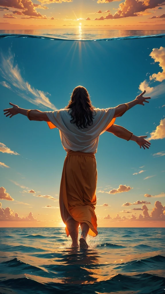 This image depicts a painting of Jesus Christ standing in the water in Panoramic shot Take from behind With aerial socket . It is Jesus Christ walking on water with his arms outstretched upwards worshiping heaven. The scene is peaceful, with clouds in the sky combining the colors sky blue and sunset orange and a sense of tranquility. The colors of the painting are mainly earth tones, with warm orange accents.