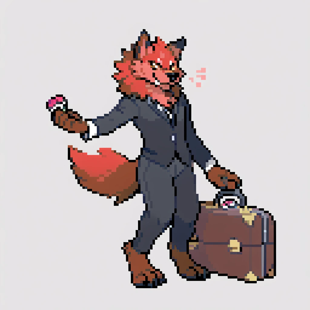 canid, canine, canis, mammal, mythological_canine, were, werecanid, werecanine, werewolf, wolf, anthro, biped, red_body, red_fur, black_nose, lavish, black_business_suit, (suitcase_full_of_pokéballs), holding_rose, smiling, pose, male, fingers, fluffy, fluffy_tail, fur, thin_anthro, full_body, solo, digital_media_(artwork), hi_res, masterpiece,