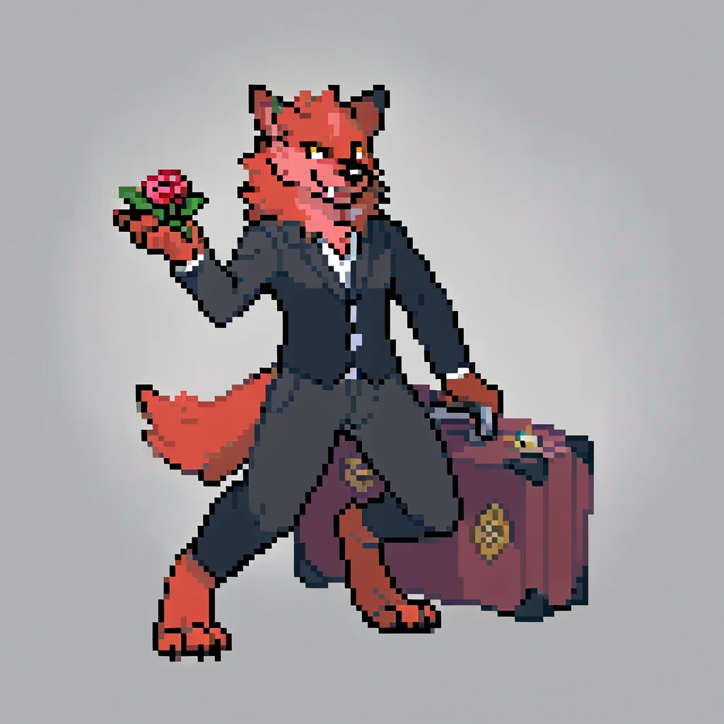 canid, canine, canis, mammal, mythological_canine, were, werecanid, werecanine, werewolf, wolf, anthro, biped, red_body, red_fur, black_nose, lavish, black_business_suit, (suitcase_full_of_pokéballs), holding_rose, smiling, pose, male, fingers, fluffy, fluffy_tail, fur, thin_anthro, full_body, solo, digital_media_(artwork), hi_res, masterpiece,