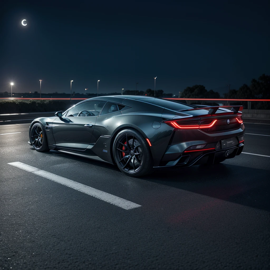 futuristic car on an asphalt road on a full moon night