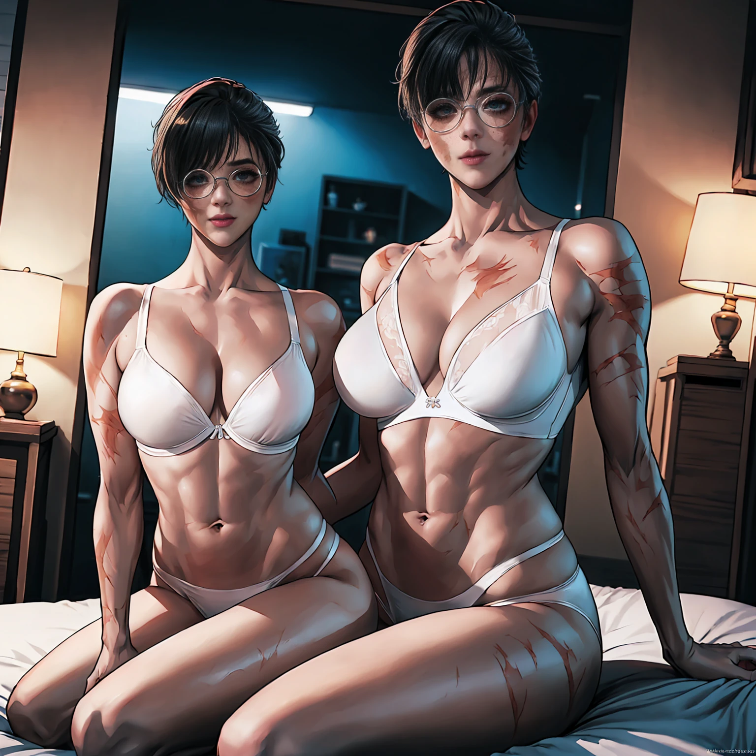 MakiZenin, ((short hair, black hair, glowing black eyes, makeup, narrow waist, skinny, , scar, scar on face, burn scar, muscular female, glasses)), pelvic curtain, ((white panties, white bra)), full body, perfect body, (insanely detailed, beautiful detailed face, masterpiece, best quality) , (((solo))), (((1girl))), (((mature))), (extremely detailed 8k paper CG wall unit: 1.1), (bed, bedrroom, night), (smile face for the viewer), eropose, 