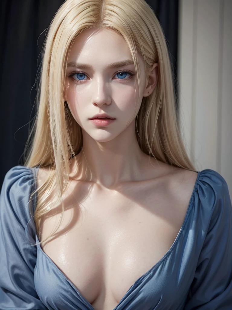 A tall man character, offwhite, vampyre, bonitas, with a more feminine shaped body, blue color eyes, blondie hair, blonde eyebrow, with an innocent and cute face. Estilo2D manhwa.