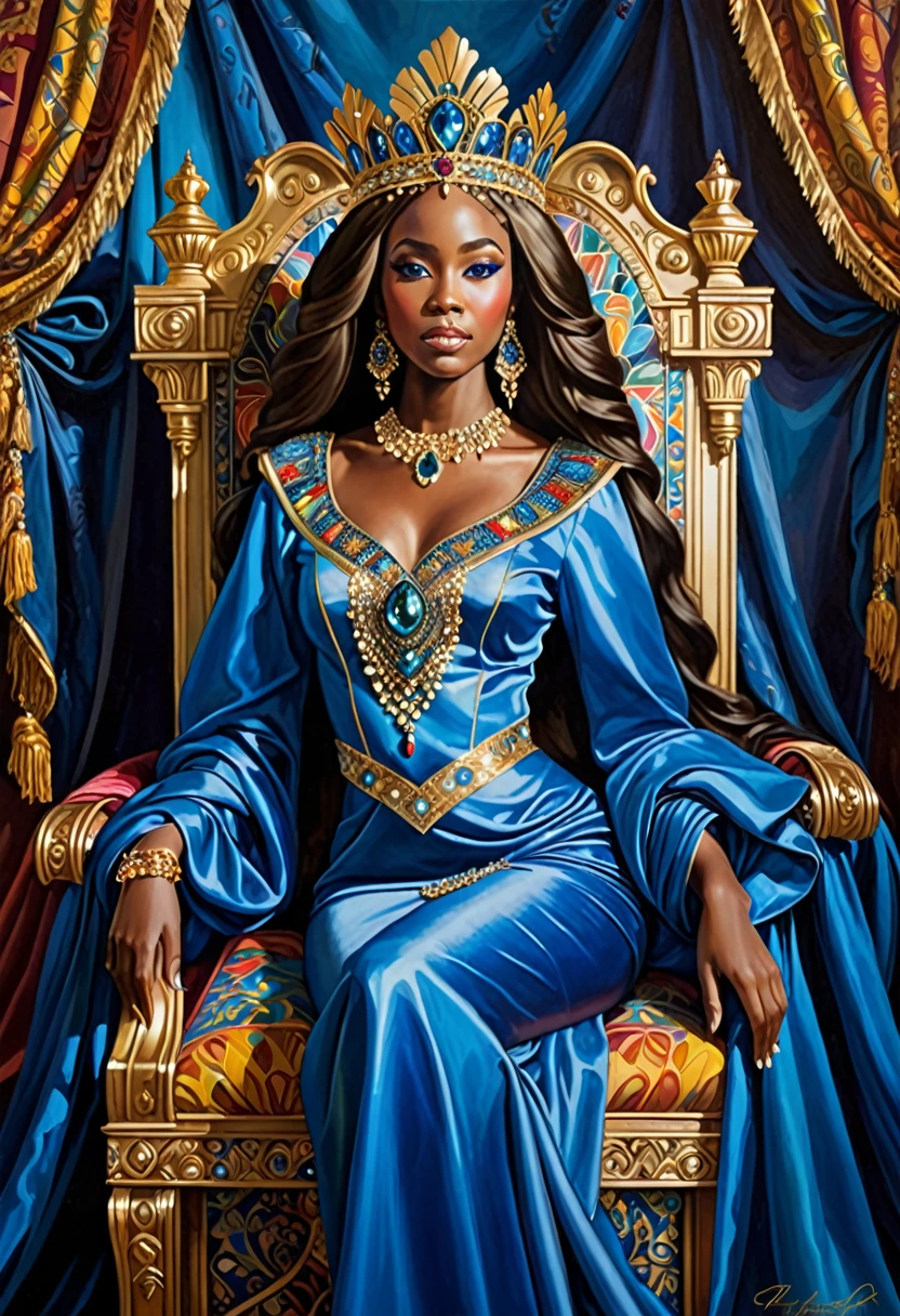 An oil painting of a beautiful African princess sitting on a grand throne. She has long, flowing hair and wears a magnificent crown adorned with jewels. Her attire is a luxurious, jewel-encrusted dress in vibrant blue and gold. The throne is ornate, with intricate designs and colorful gemstones. The background features rich blue drapery, adding to the regal atmosphere. The painting emphasizes the elegance, poise, and regal nature of the princess, capturing the richness of the colors and details in her clothing and surroundings.