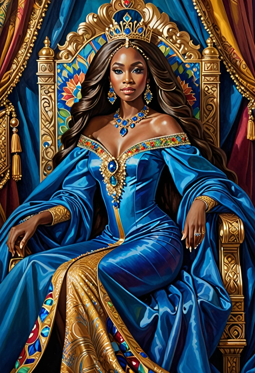 An oil painting of a beautiful African princess sitting on a grand throne. She has long, flowing hair and wears a magnificent crown adorned with jewels. Her attire is a luxurious, jewel-encrusted dress in vibrant blue and gold. The throne is ornate, with intricate designs and colorful gemstones. The background features rich blue drapery, adding to the regal atmosphere. The painting emphasizes the elegance, poise, and regal nature of the princess, capturing the richness of the colors and details in her clothing and surroundings.
