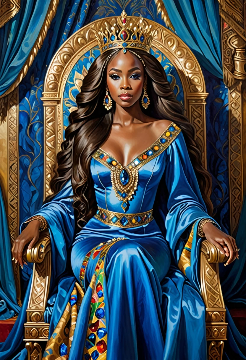 An oil painting of a beautiful African princess sitting on a grand throne. She has long, flowing hair and wears a magnificent crown adorned with jewels. Her attire is a luxurious, jewel-encrusted dress in vibrant blue and gold. The throne is ornate, with intricate designs and colorful gemstones. The background features rich blue drapery, adding to the regal atmosphere. The painting emphasizes the elegance, poise, and regal nature of the princess, capturing the richness of the colors and details in her clothing and surroundings.
