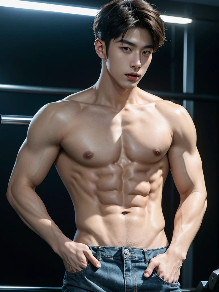 25 year old handsome korean, solo, (no shirt),no top wear ((show abs 6 pack)), black sagged jean, 