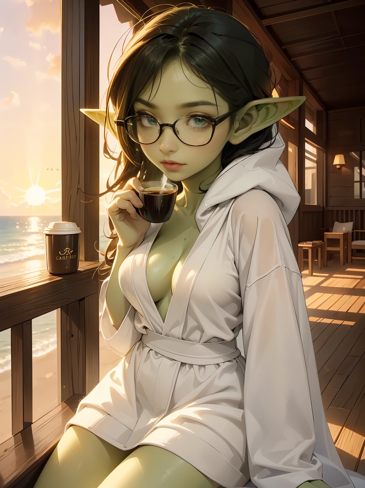 ((best quality)), ((masterpiece)), (detailed), perfect face, ((green skin)), pointy ears, very shy, tiny breasts, wearing black rimmed glasses, short dark hair, sitting on a hotel veranda overlooking the beach, sunrise, drinking mug of coffee, wearing white hotel bathrobe, holding a mug of coffee, soft lighting, dynamic lighting, shadow, dim light, sunrise