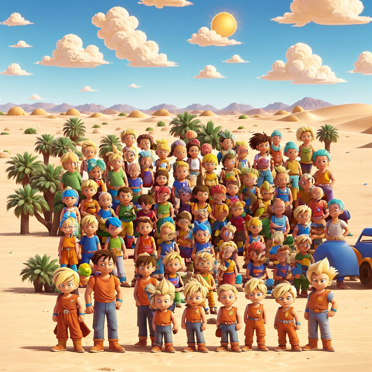 I want you to place the characters in this image in a way that they all look like they are in the same art, I want a sunny sky, they in a desert-like sand, fun weather, characters contained in the reference are, Goku, vegeta,bulma,kuririn,os simpsons