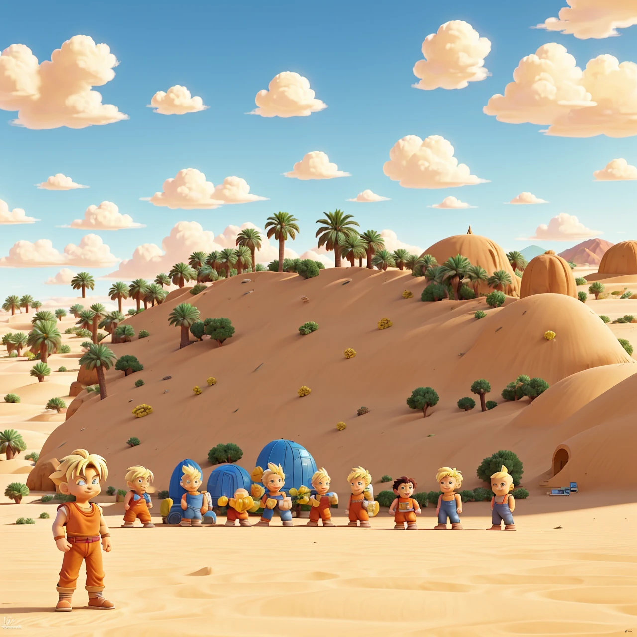 I want you to place the characters in this image in a way that they all look like they are in the same art, I want a sunny sky, they in a desert-like sand, fun weather, characters contained in the reference are, Goku, vegeta,bulma,kuririn,os simpsons