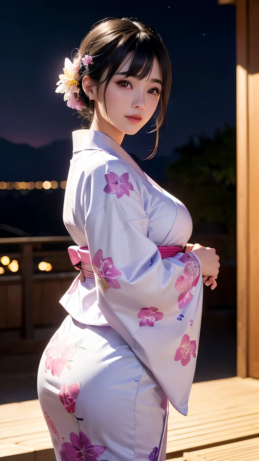 (logo、masterpiece、8K、Tabletop、RAW Photos、wonderful、最high quality、フォトリアリスティックでVery detailedな CG 複合 8K 壁紙、high quality、Very detailed、Narrative poem、Particle Effects、Dynamic Effects、Depth of the Boundary、Cinematic Light、Lens flare、Ray Tracing）、 (One beautiful woman wearing a yukata、White yukata、Light purple pattern)、Black-haired、High definition skin、Very fine、Fine skin texture、Beautiful Face、True Face、Beautiful details in the eyes、Realistic eyes、Beautifully detailed eyes、Realistic Skin、Beautiful Skin、Surreal、Smiling Eyes、Hair and light eyes、vivid、Colorful lights and bokeh、plump lower lip、Pink Lips、Hair flutters in Wind、Hair bounces、wonderful景色、night、evening、Wind、moonlight、moonlight、light