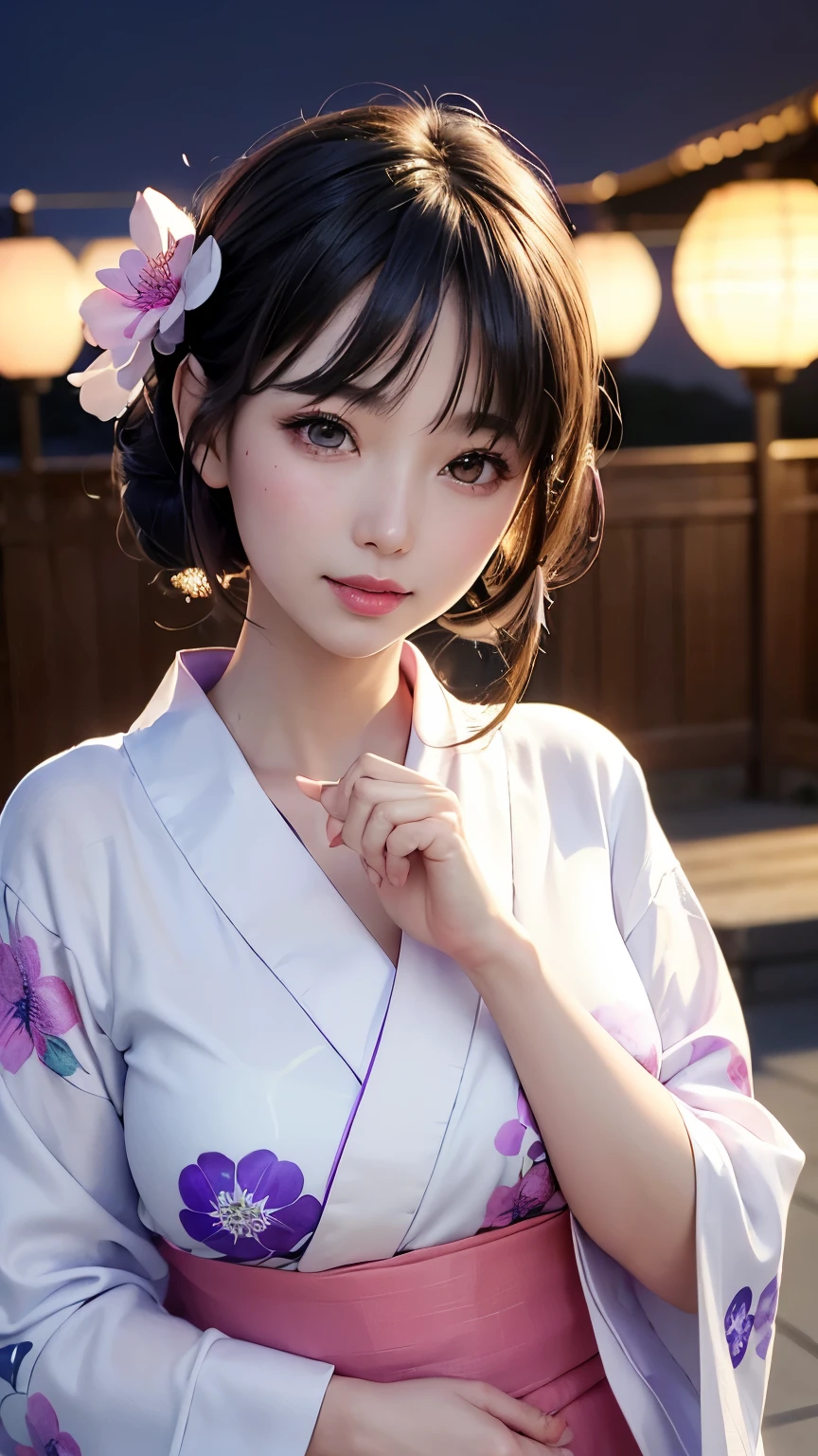 (masterpiece, Highest quality:1.4), Beautiful Face, 8K, 85mm, Absurd, (Jet black floral yukata:1.2), Face close-up, violet, Gardenia, Delicate girl, alone, night, View your viewers, Upper Body, Film Grain, chromatic aberration, Sharp focus, Face Light, Professional Lighting, Sophisticated, (smile:0.4), (Simple Background, Bokeh Background:1.2), detailed aspects,(Show one breast:1.2)((Very young and immature & Very few & Very flat chest:1.2),(Very small and very shiny shaved pussy:1),