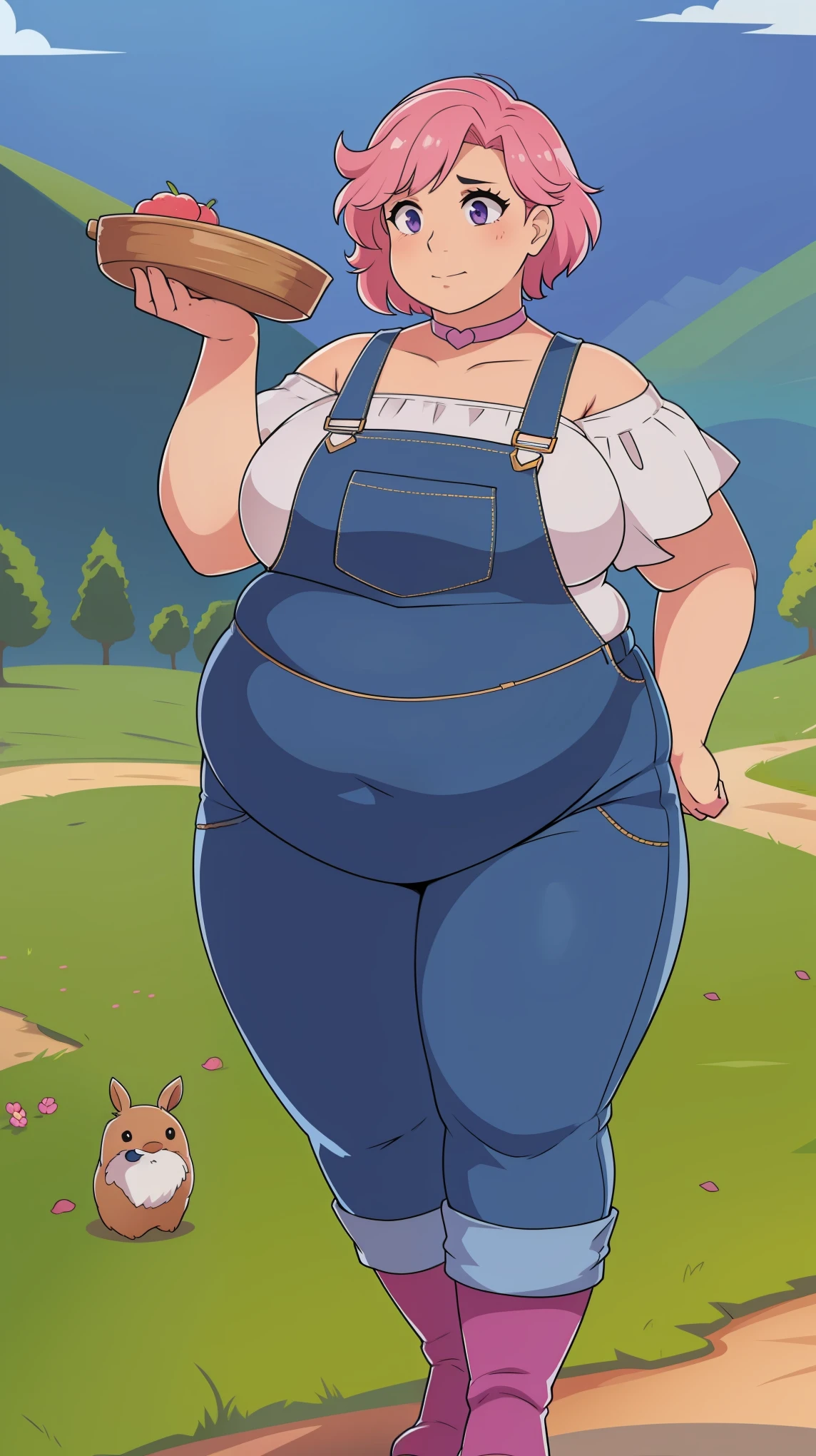 (Fat neck and chin:1.3)(Obese:1.1),fat, Slightly chubby, sad, farm backround, Full body, looking at viewer, 1girl, solo, short pink hair, (dark blue choker), (dark blue denim overalls), (purple eyes), (pink boots), (white shoulder lantern sleeve blouse, tucked in pants