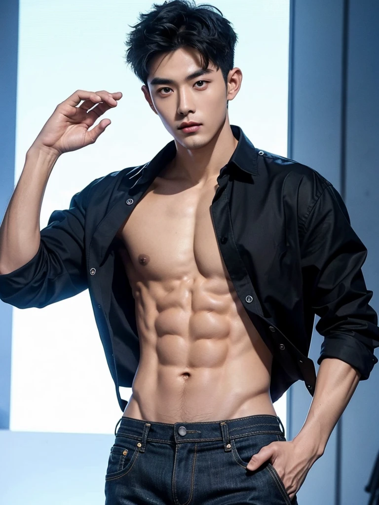 25 year old handsome korean, solo, (no shirt),no top wear ((show abs 6 pack)), black sagged jean,