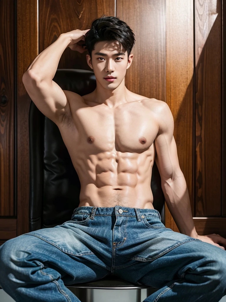 25 year old handsome korean, solo, (no shirt),no top wear ((show abs 6 pack)), black sagged jean, 