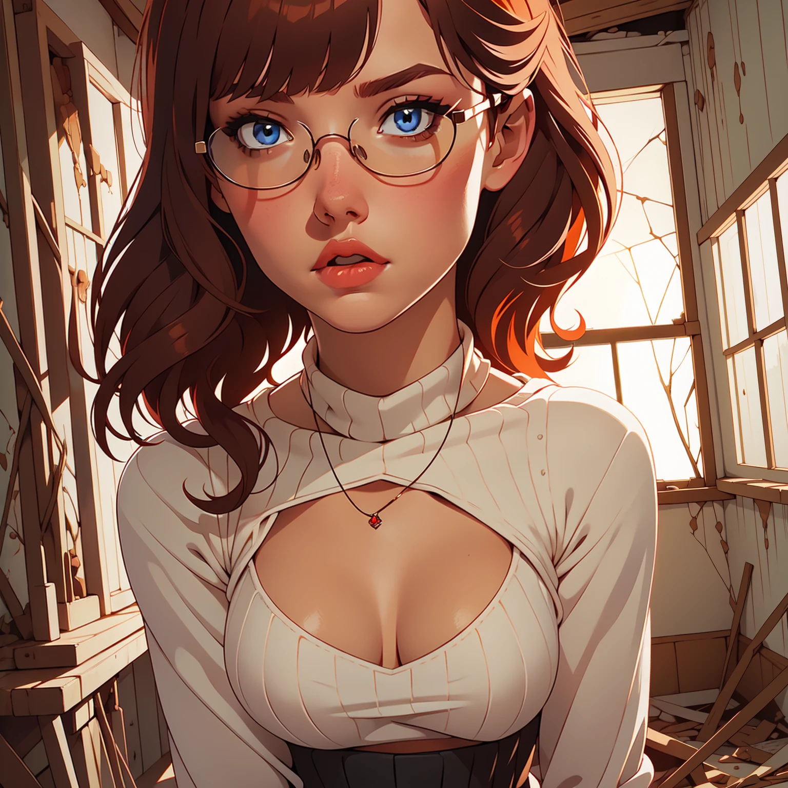 HD, 8k quality, masterpiece, Velma, dream girl huge, beautiful face, kissing lips, short bob hairstyle, long bangs, perfect makeup, realistic face, detailed eyes, diamond blue eyes, brunette hair, eyelashes, (scared:1.4), cameltoe, eyes at viewer, orange turtleneck knit sweater, clear lens glasses, orange school girl skirt, full body view from below, blush, (in abandoned house:1.4)