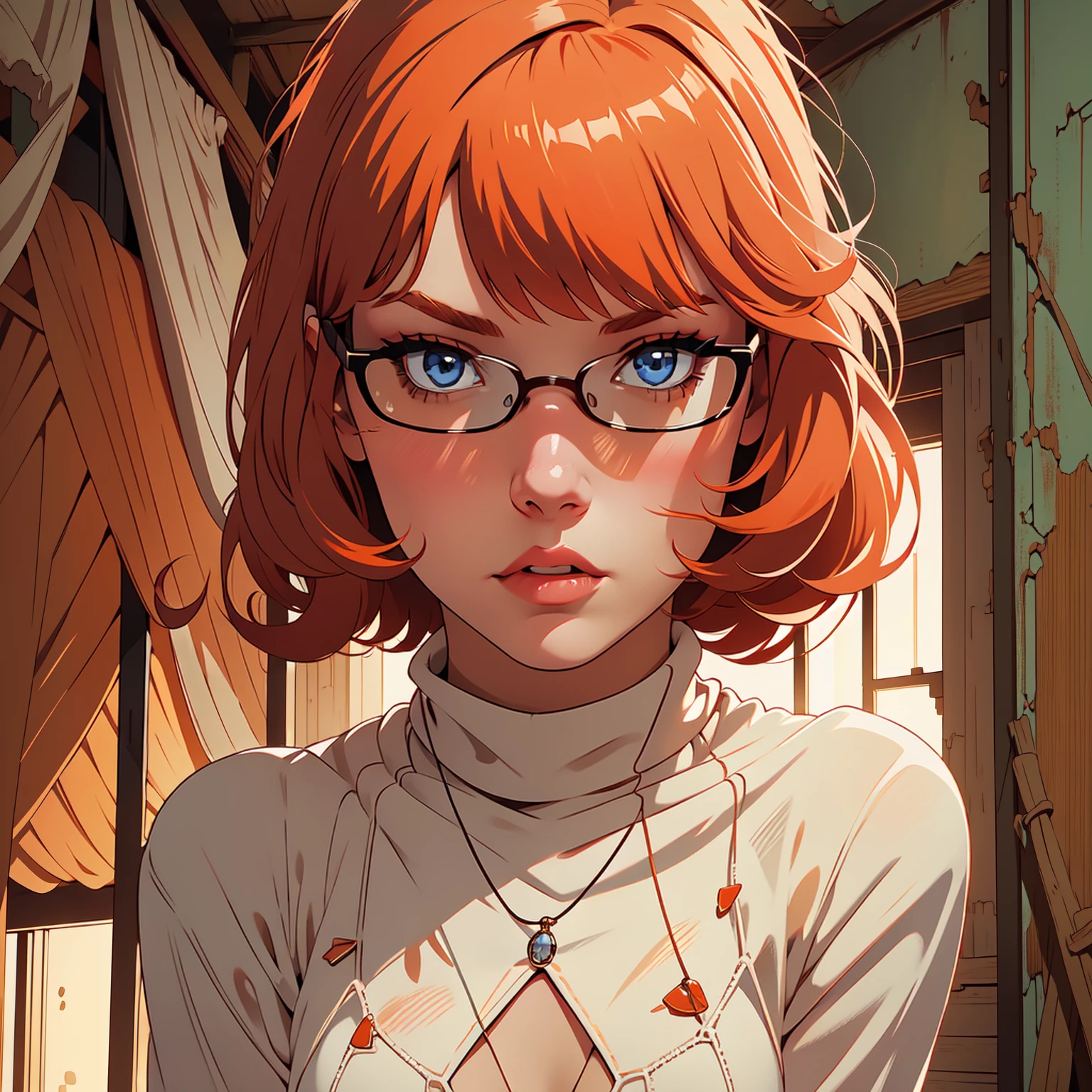 HD, 8k quality, masterpiece, Velma, dream girl huge, beautiful face, kissing lips, short bob hairstyle, long bangs, perfect makeup, realistic face, detailed eyes, diamond blue eyes, brunette hair, eyelashes, (scared:1.4), cameltoe, eyes at viewer, orange turtleneck knit sweater, clear lens glasses, orange school girl skirt, full body view from below, blush, (in abandoned house:1.4)