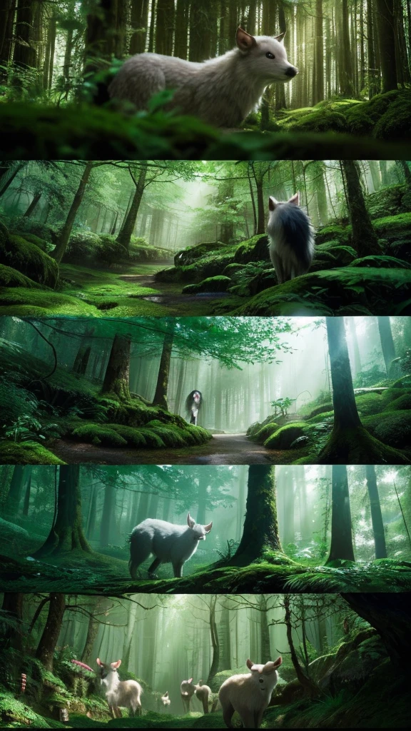 A realistic, precise, and highest quality image of a mysterious forest in the real world, showing multiple small Kodama from Ghibli's Princess Mononoke shaking their heads from side to side.