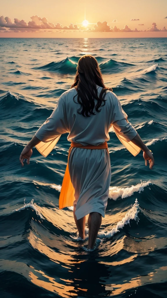 This image depicts a painting of Jesus Christ standing in the water in Panoramic shot Take from behind With aerial socket . It is Jesus Christ walking on water with his arms outstretched upwards worshiping heaven. The scene is peaceful, with clouds in the sky combining the colors sky blue and sunset orange and a sense of tranquility. The colors of the painting are mainly earth tones, with warm orange accents.