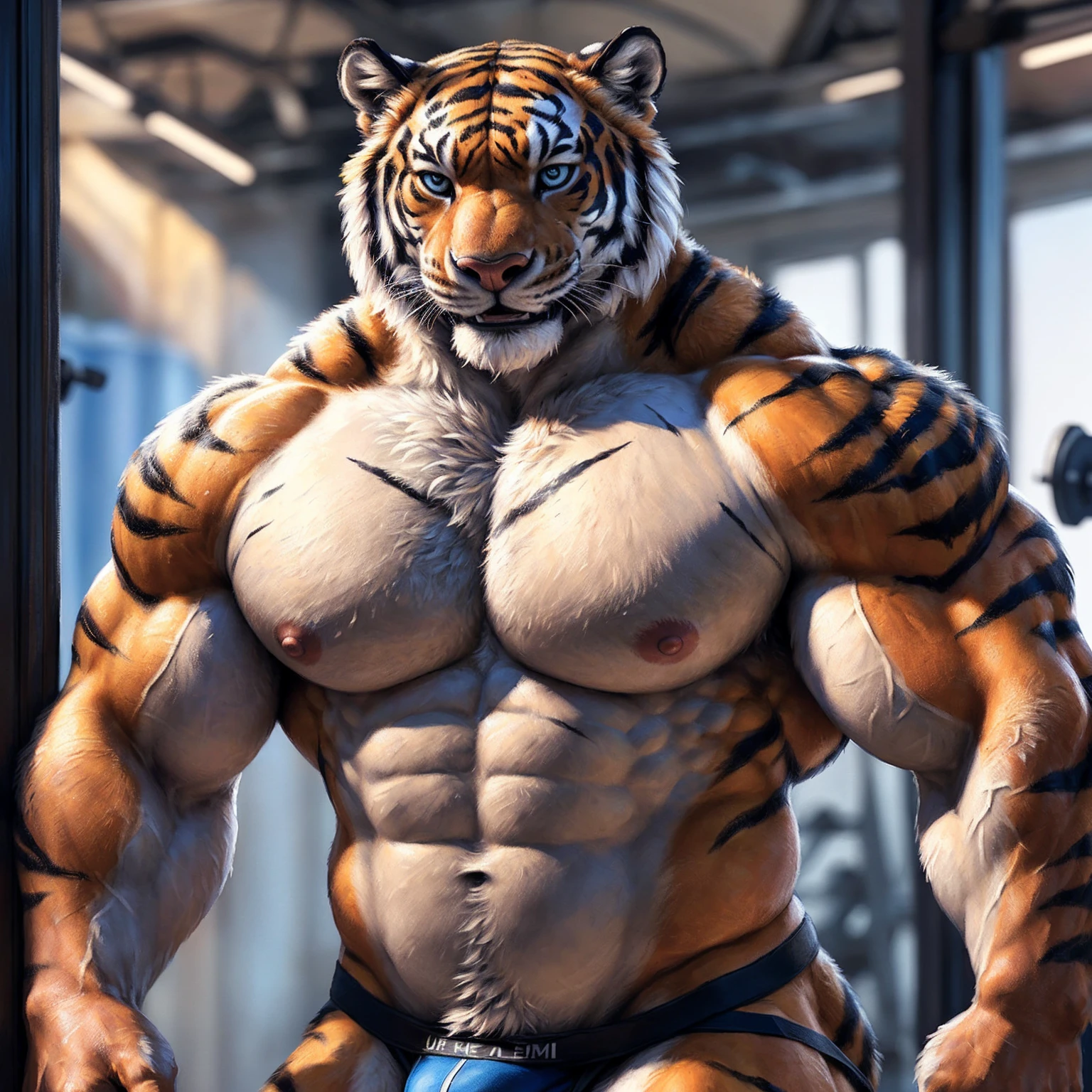 Tiger, ((presenting pecs)), looking at viewer ((happy smile)), ((happy eyes)), ((happy face)), photo studio background, jockstrap, detailed nipples, beefy muscular body, athletic muscular body, fitness muscular body, face focus, bodybuilder muscular body, swole muscular body, buff muscular body, muscular male, muscular, detailed fur, detailed muscles, bright body, detailed face, high detailed, high resolution, high quality, beautiful eyes, detailed eyes, (muscular serratus), (muscular oblique), (muscular v-cut), (big butt muscles), ((broad muscular shoulder)), ((muscular thighs)), ((muscular abs)), (((((huge muscular pecs))))), ((muscular biceps)), ((muscular triceps)), ((muscular quads)), ((muscular deltoids)), ((forearm muscles)), (muscular anthro), manly masculine male, by bruteandbrawn, by personalami, by kenket, (intricate, high detail, film photography, soft focus, RAW candid cinema, photorealism, realistic, photorealistic, analog style, subsurface scattering, masterpiece, best quality, ultra realistic, 8k)