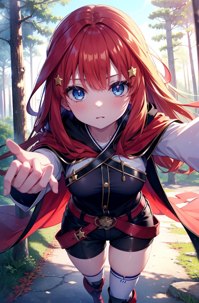 itsukinakano, itsuki nakano, bangs, blue eyes, Hair between the eyes, Redhead, star \(symbol\), star 髪飾り,Wearing a hood,boots, Cape,gloves, red Knee socks, ハイboots,Owns a club grip, Shorts, Knee socks,whole bodyがイラストの中に入っていくように,歩いている
break outdoors, forest,forest林, break looking at viewer,whole body,
break (masterpiece:1.2), Highest quality, High resolution, unity 8k wallpaper, (shape:0.8), (Fine and beautiful eyes:1.6), Highly detailed face, Perfect lighting, Highly detailed CG, (Perfect hands, Perfect Anatomy),