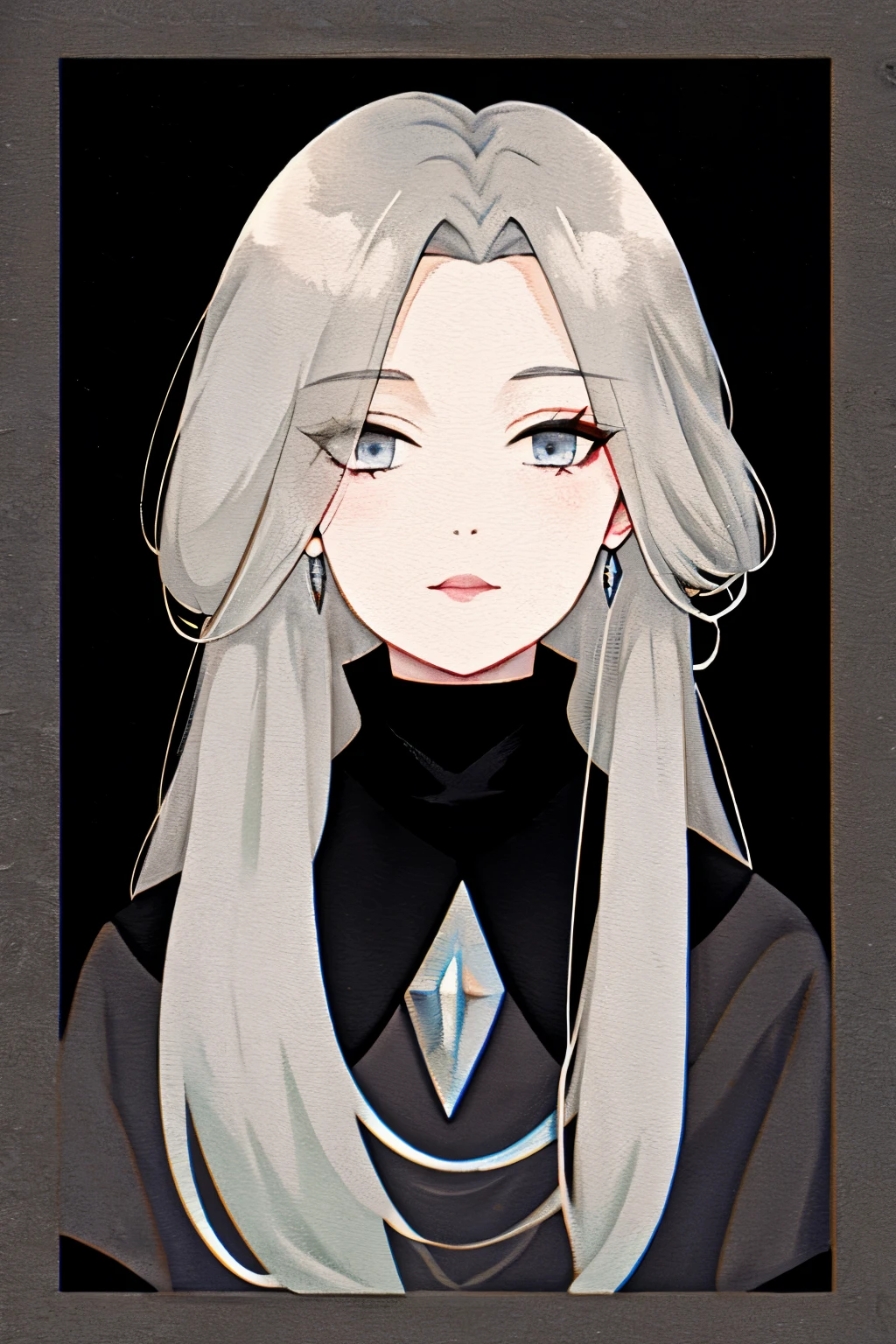 beautiful older woman with long grey hair and dark grey eyes
