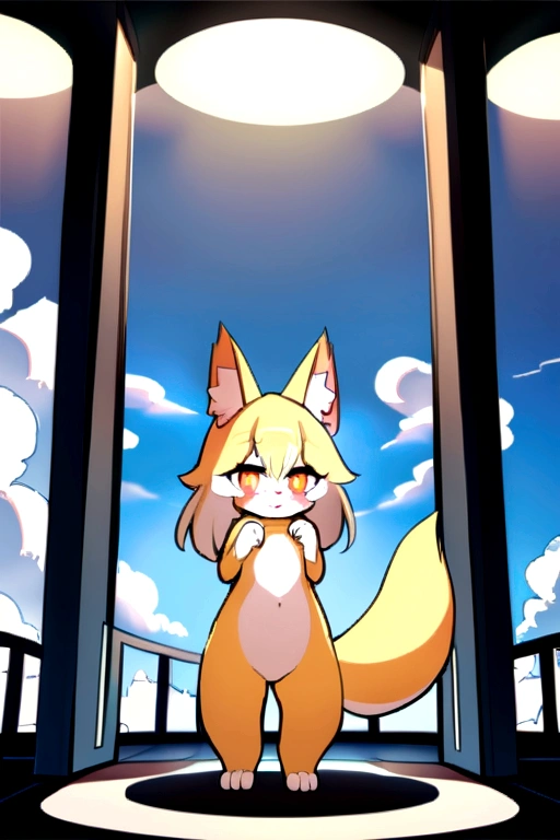 fox girl, ((((furry))), furry, golden fur, long blonde hair, golden fur all over, golden fur on the hands, hands of the forelimbs, golden fur on the back of the hands, palm skin, eyes with light, reddish-orange eyes, super cute face, Brown elements on leather.., ambient light, Super fine fur, volumetric light, evening, playa, Clouds in the sky, Blue day, natural lighting, SMILE, fluffy tail, bright pupils, naked, Is standing